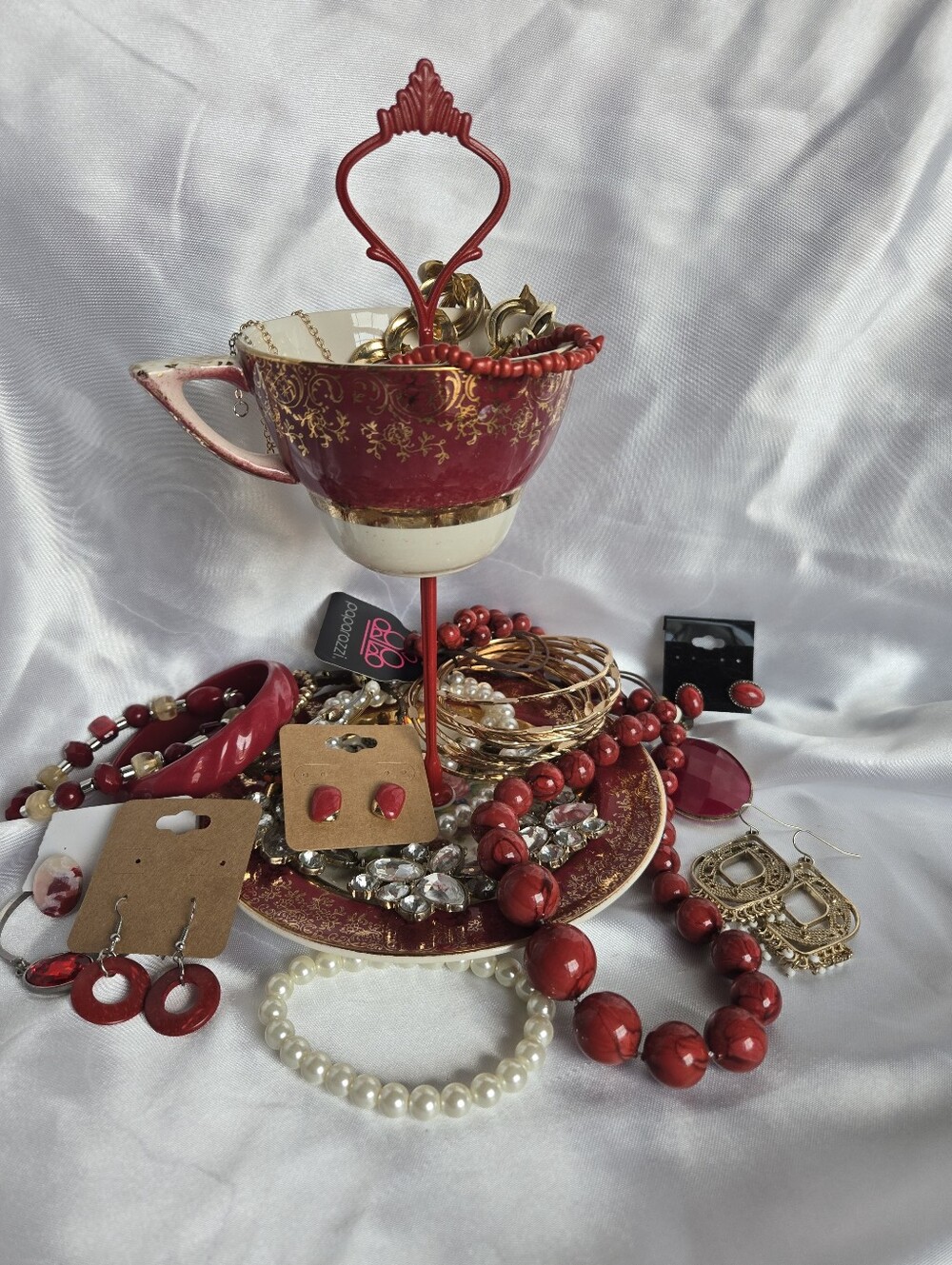 Ravishing Red Mystery Teacup Jewelry Stand